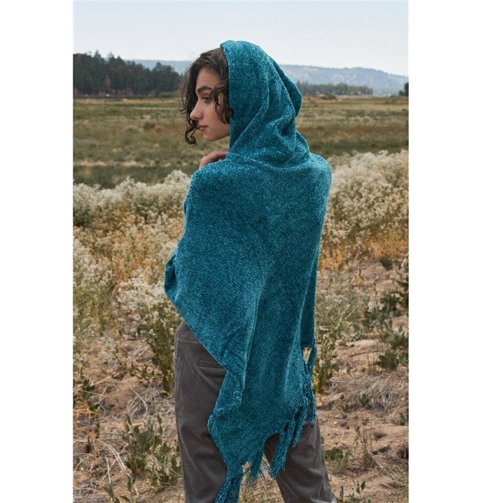 Women's Poncho Teal Blue Chenille Knit Tassel Fringe Hooded Pinkilicious